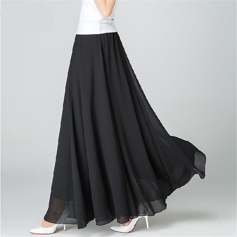 

Two-layer Chiffon Swing Skirt Women Summer Casual Vacation Beach Black Skirts Boho Women Solid Tulle Maxi Long Skirt