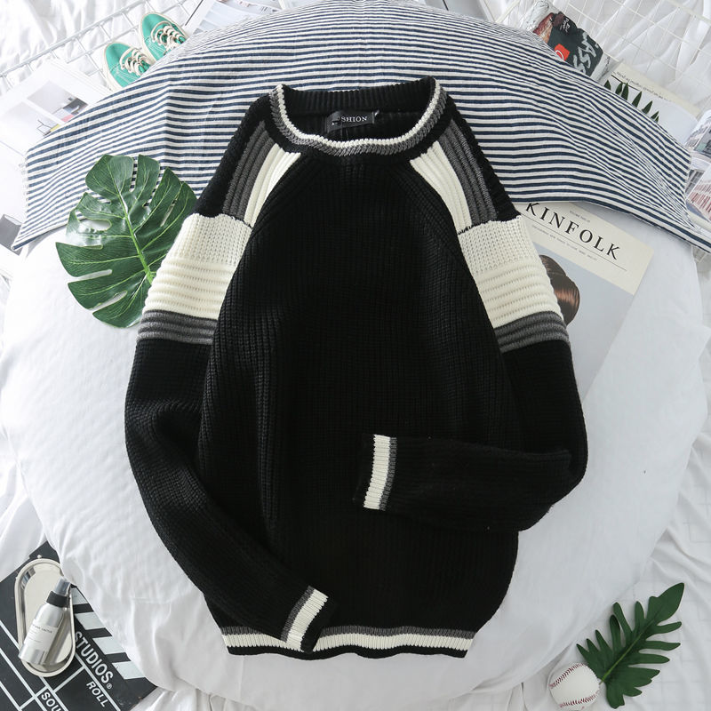 

2019 autumn and winter men's loose round collar knits knitted sweater men insert rotator cuff solid color thick wool trend, Black