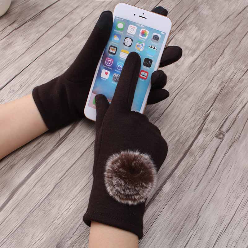 

QC Warm Faux Fur Gloves For Women Winter Cashmere Glove Femme Elegant Mittens Plush Ball Pompom Ladies Solid Gloves