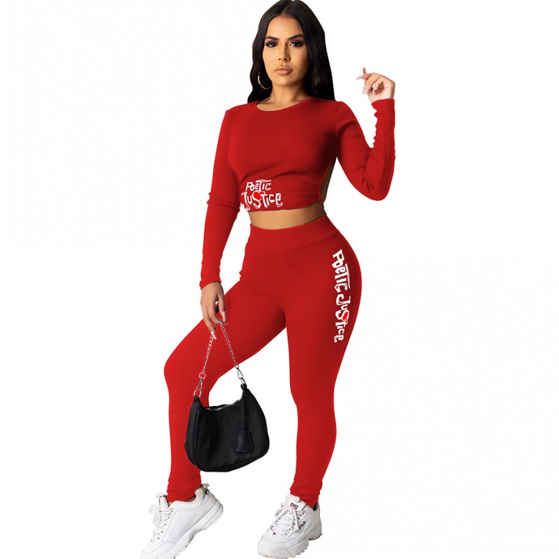

Fashion Letters Print Two Piece Set Women Tracksuit O Neck Backless Crop Tops And Skinny Pants Set Autumn New Sexy Nightclub, Red