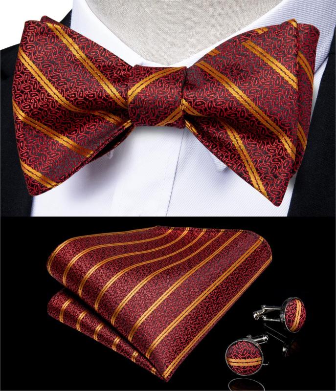 

Red Gold Striped Bowtie for Men Silk Ajustable Butterfly Hanky Cufflink Bowtie Set for Wedding Party DiBanGu Designer JM-097