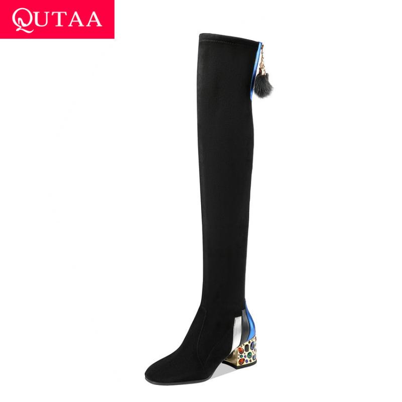 

QUTAA 2021 Square Toe Over The Knee Boots Sheepskin Stretch Flock Zipper Women Shoes Winter Square Heel Long Boots Size 34-39, Black