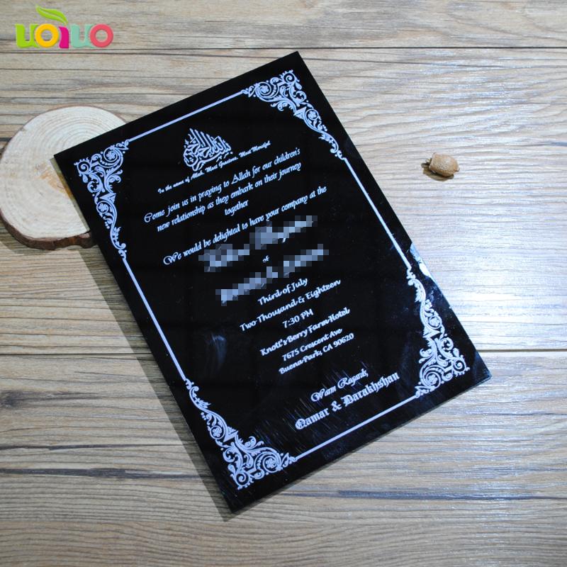 

10pcs black acrylic card with box elegant white words printing wedding favor invitation greeting cards whoolesale