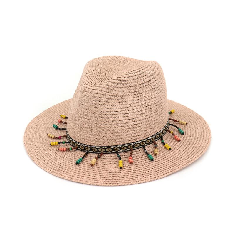 

2020 Summer Unisex Straw Jazz Sun Hat With Ribbon Trim Wide Brim Cap Beach Solid Fedora Hats Protection Caps For Man And Women, Pink