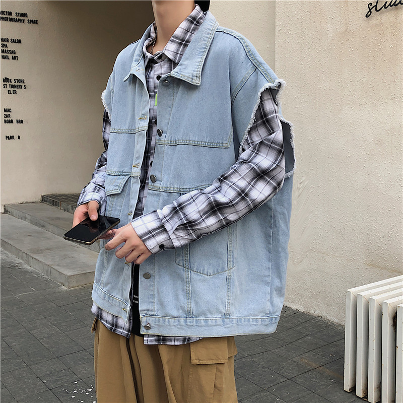 

Men's Hong Kong Style Denim Vest Loose Korean Style Waistcoat Waistcoat Outer Wear Sleeveless Vest Tooling Jacket Trend, Light blue