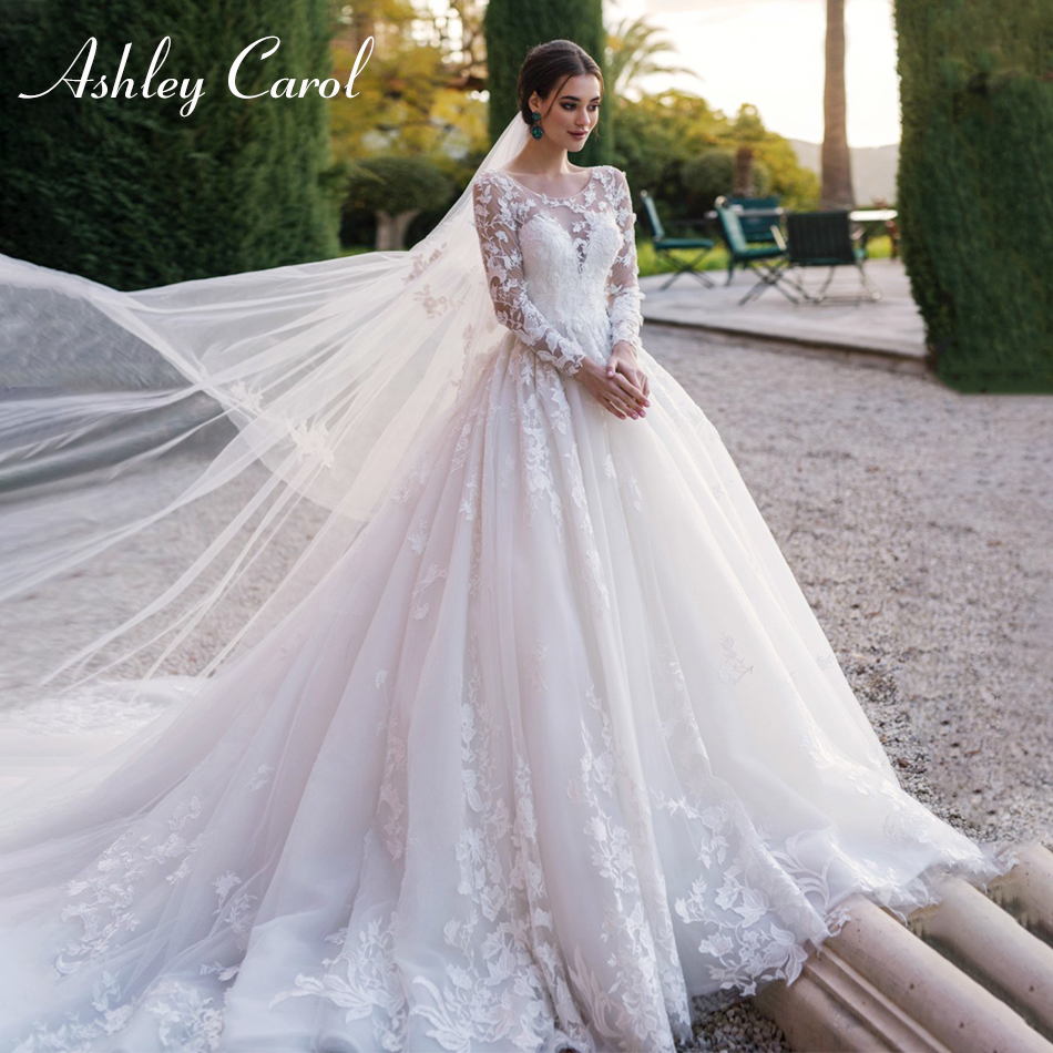 

Ashley Carol Ball Gown Wedding Dress 2020 Glamorousev Scoop Long Slee Appliques Lace Up Princess Bridal Dresses Vestido De Noiva, White