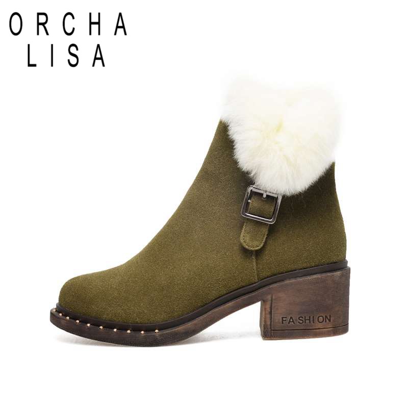 

ORCHA LISA women winter Shoes Cow Suede snow boots genuine leather shoes woman warm fur ankle boots zipper bottes femme, Army green