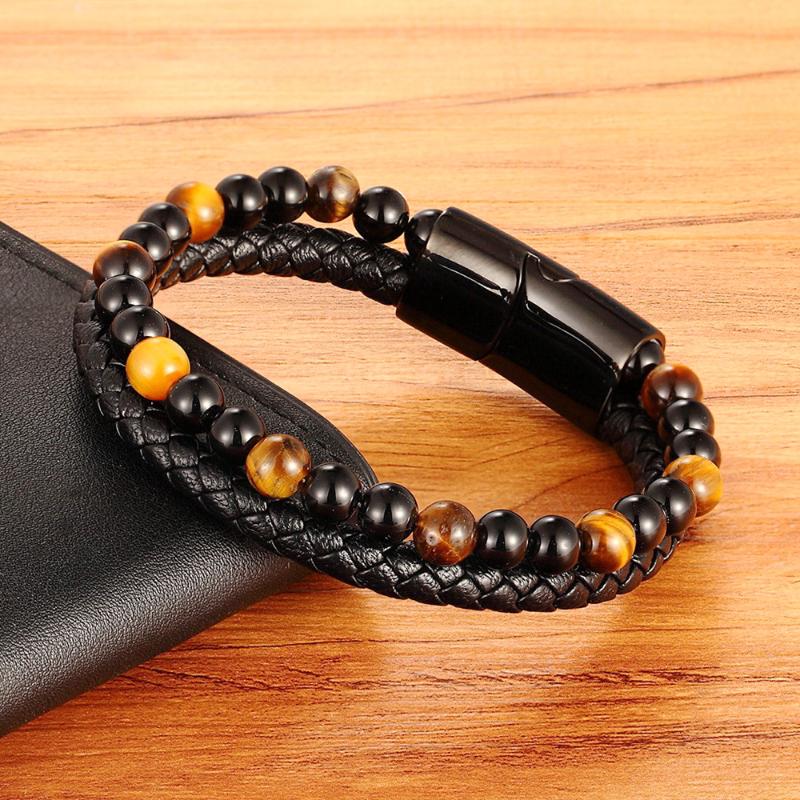 

Classic Special Style Leather And Beaded DIY Combination Stitching Men's Stainless Steel Black Button Leather Bracelet For Boys