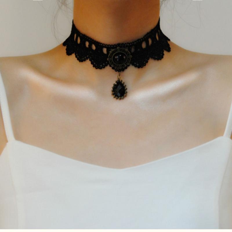 

1pc Gothic Style Tattoo Tassel Lace Necklace Pendant Chain Crystal Choker Wedding Jewelry Necklace Women False Collar Statement