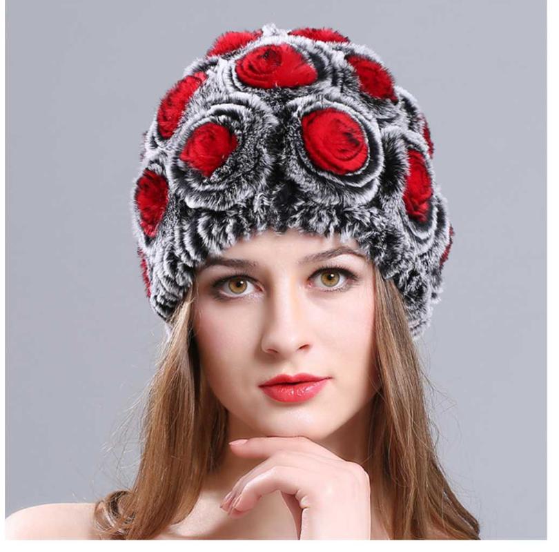 

Winter Warm Women Knitted Real Rex Fur Hat Natural Flower Rex Fur Cap Ladies Headwear Casual Bonnet Femme Beanies, C5