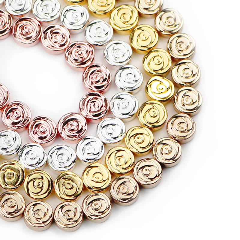

YHBZRET Natural Rose Flower Black Hematite 8mm 48pcs Gold Flat Round Stone loose Spacer Beads For Jewelry Making Bracelets DIY