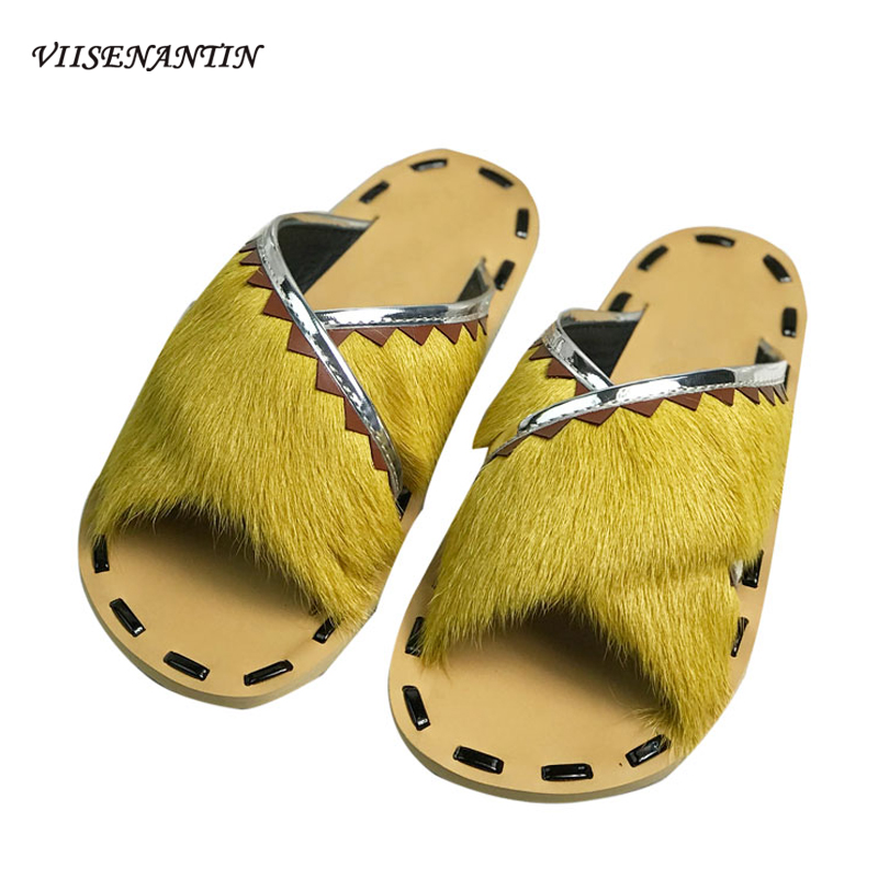 

VIISENANTIN Chic Lady Outdoor Slipper Shoe Wool Fur Flat Slides Yellow Blue White Black Stylish Mules Lazy Shoe 2020 Summer