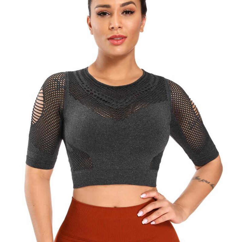 

Back Hollow out beauty Yoga Running Shirts Short Sleeves mesh Cropped Tops Women Yoga Sport Fitness Gym Workout Dance T-shirts, Red