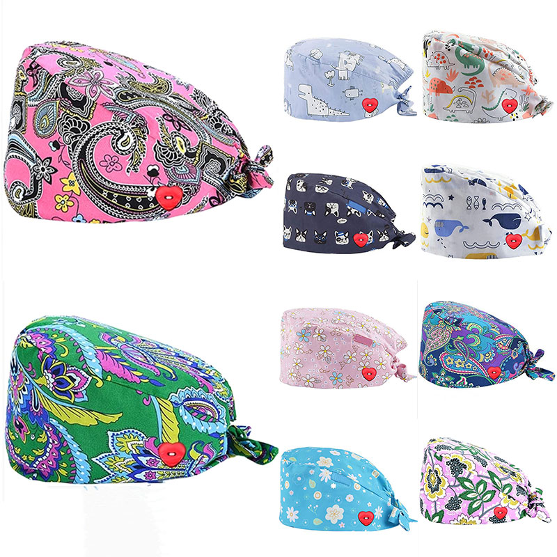 

Clearance Pattern Scrub Cap Printing Working Hat 100% Cotton Women Men Beautician Dust Proof Cooking Chef Caps
