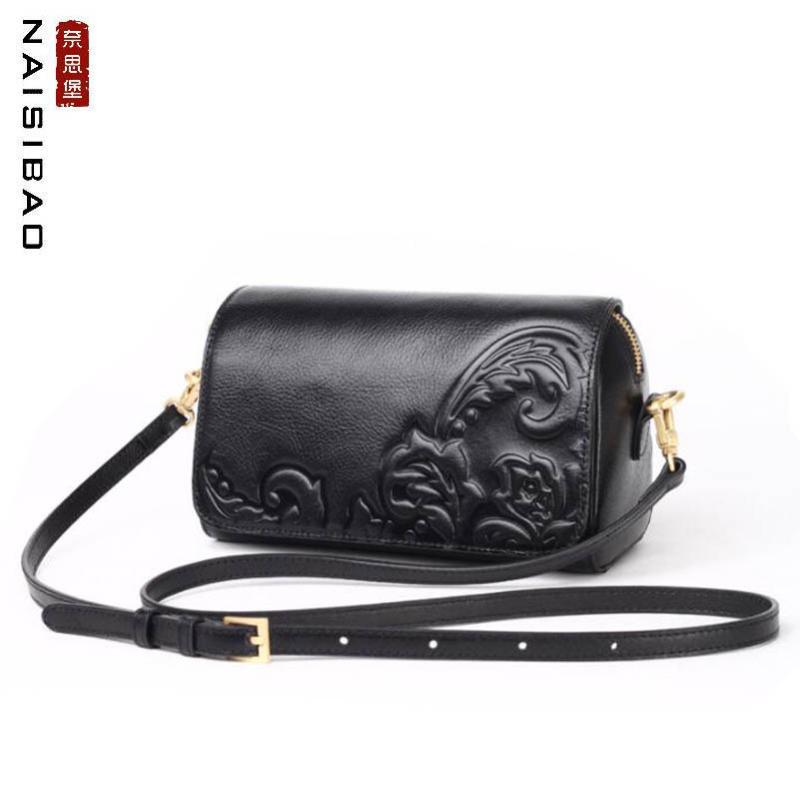 

Women Genuine Leather bag 2020 new leather small square bag Chinese style handbag Vintage Shoulder, Black