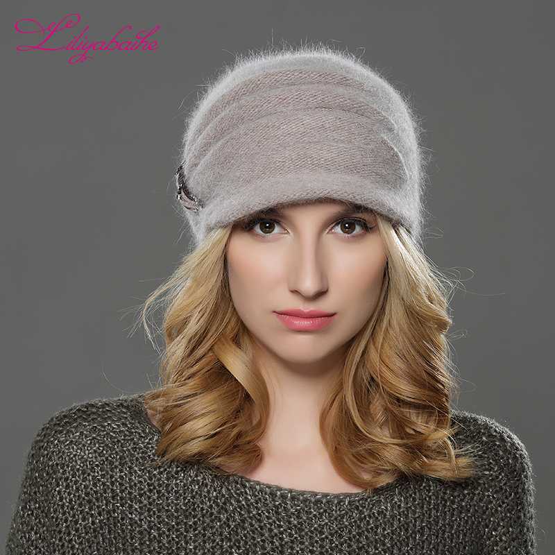 

LILIYABAIHE NEW Style Women Winter hat brim hat knitted wool angora Soolid vertical flower decoration cap Double warm, C03