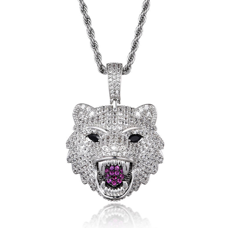

Hot Ins Iced Out Bling Cubic Zircon Wolf Head Pendant Necklace New Hip Hop Rock Jewelry For Rapper Best Gift