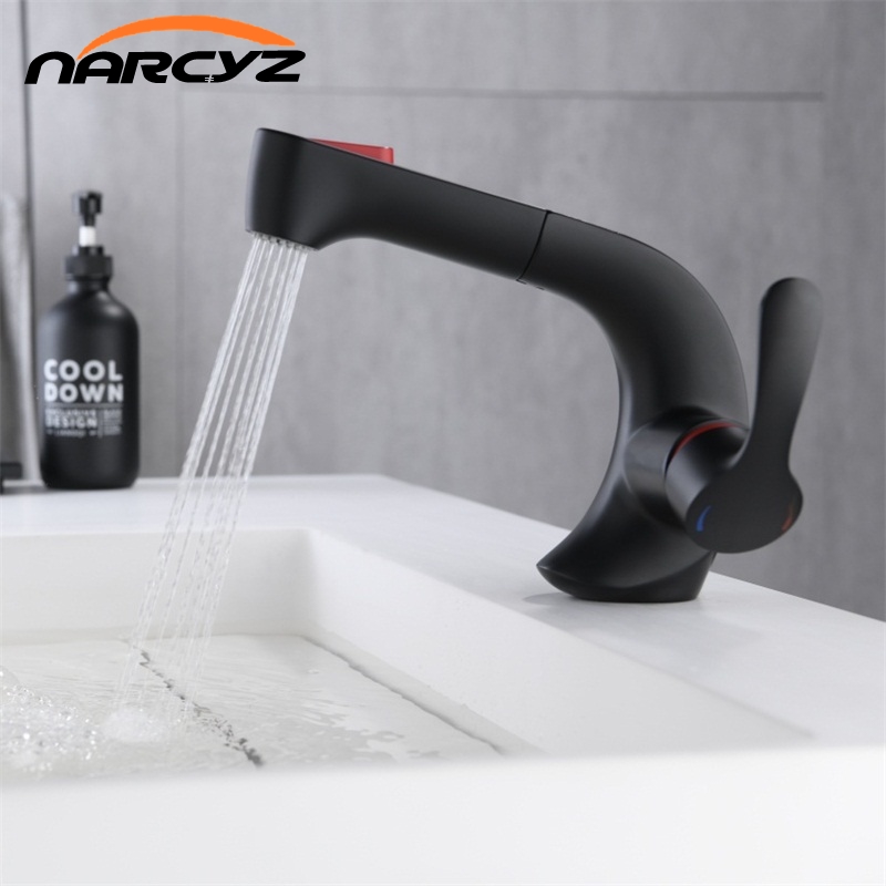 

Basin Faucets Brass Black Pull out Bathroom Sink Faucet Swivel Single handle Spout Toilet Bathbasin Vessel Mixer Water Tap XT562