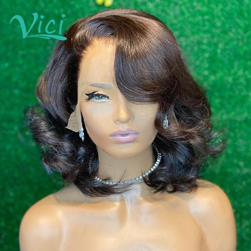 

Wavy Short Bob Wig 13X4 Lace Front Human Hair Wigs Pre Plucked Peruvian Remy Hair Lace Frontal Bob Cut Wig With Baby, As pic