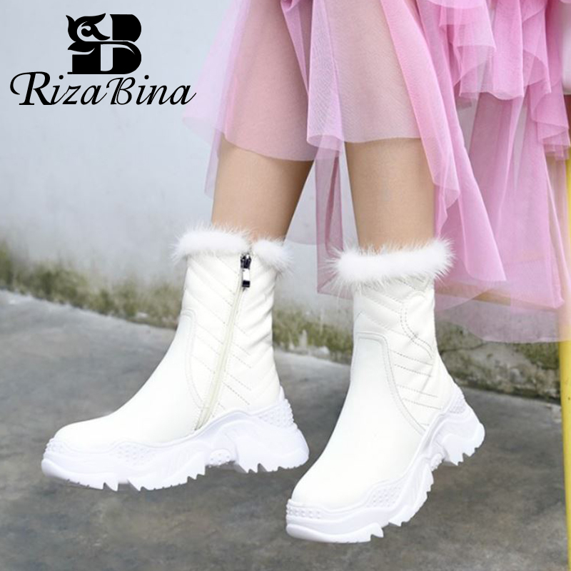 

RIZABINA Women Geneuine Leather Shoes Ankle Boots Round Toe Thick Bottom Zipper Winter Fur Warm Shoes Footwear Size 34-39, Black