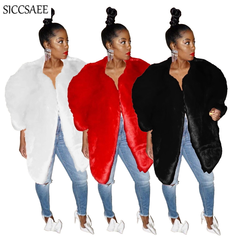 

Faux Fur Overcoat For Women Solid Color Thickening 2020 Autumn Winter Asymmetrical Cardigan Cloak Fleece Poncho Manteau Femme, Red