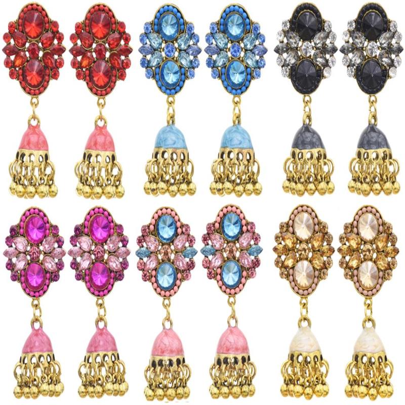 

Fashion Colorful Beads Crystal Tassel Jhumka Earrings For Women Ethnic Vintage Alloy Bollywood Oxidized Bells Dangle Earrings