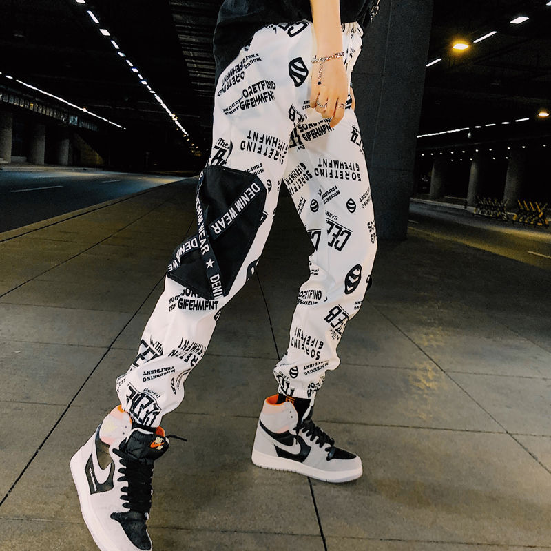 

High Waist Letter Spliced Cargo Pants Women Loose Harajuku BF Ankle-Length Overalls Pants Plus Size Hip Hop Women's sports pant, 22