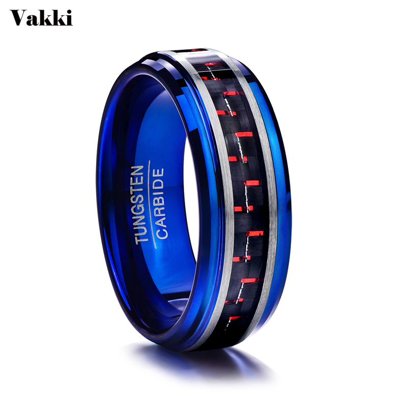 

VAKKI Full Size 7-12 Vintage Men Rings Inlaid Red Carbon Fiber Blue Tungsten Carbide Ring 8MM Anillos
