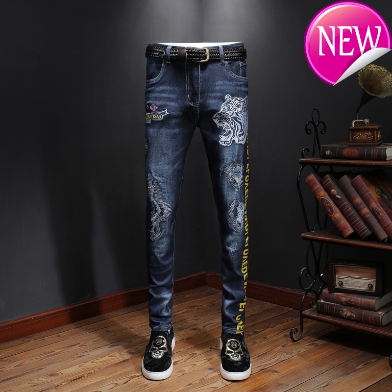 

Elastic Autumn Men Long Trousers Fashion Print Jeans Male Colored Drawing Painted Slim Denim Pants Designer Jeans Printing, Figure color