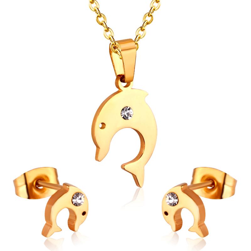 

LUXUKISSKIDS Fish Crystal Gold Earring Necklace Wedding Dubai Jewelry Set Stainless Steel Bridal Jewellery Sets for Women Girls, As pic