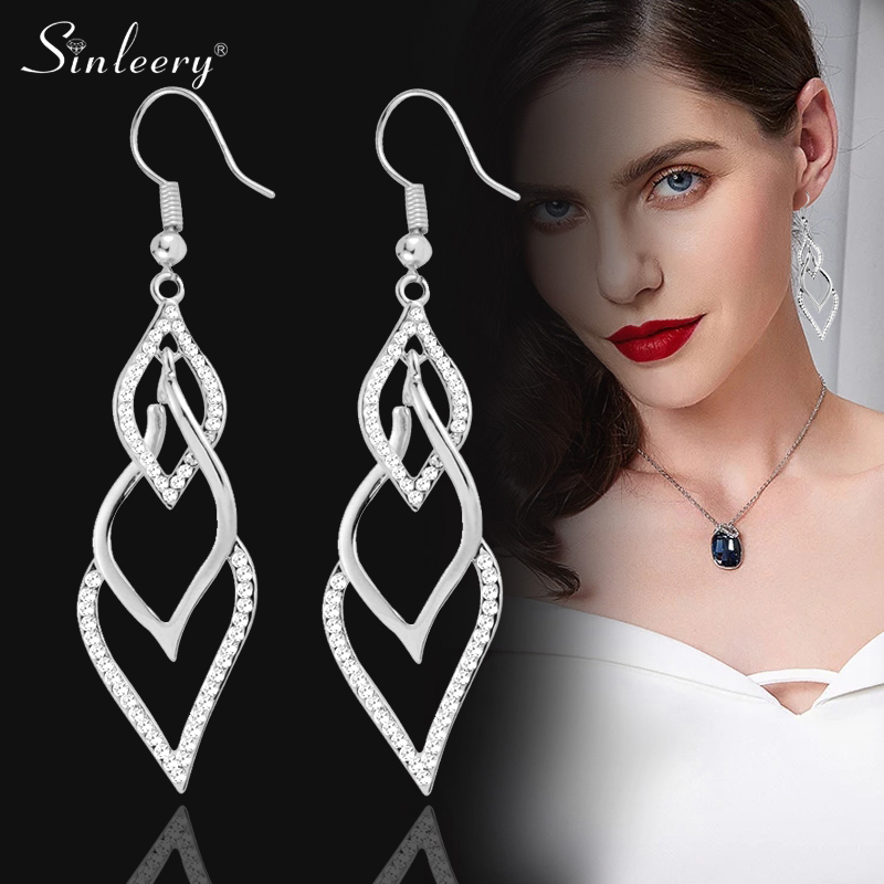 

SINLEERY Leaf Shape Hook Long Earrings Silver Color Tiny Cubic Zirconia Wedding Earrings For Women Party Jewelry ES544 SSB