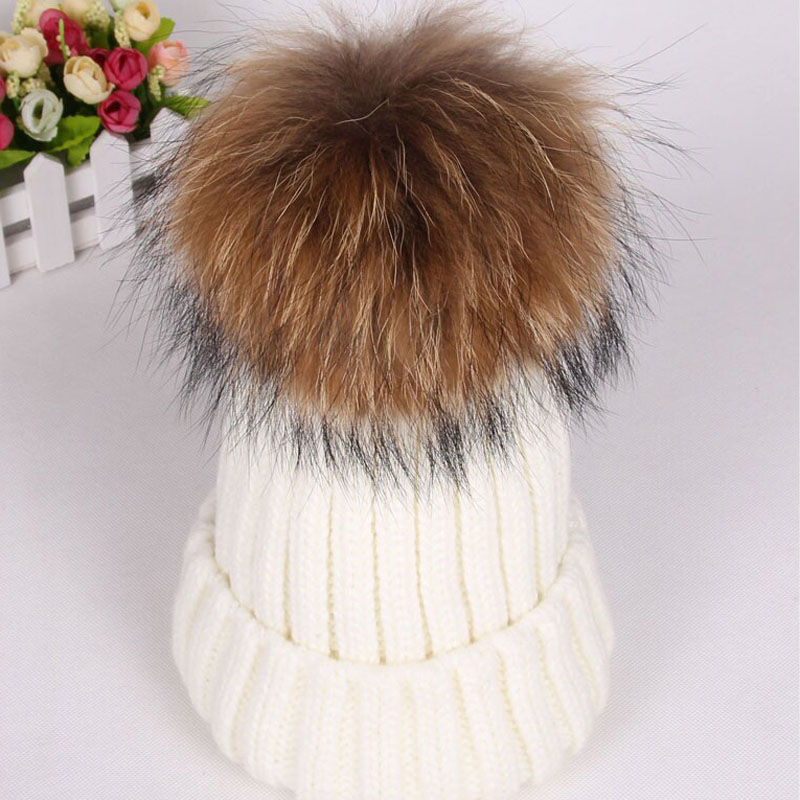 

Winter Knitted Real Fur Hat Women Thicken Beanies with 15cm Real Raccoon Fur Pompoms Warm Girl Caps snapback pompon beanie Hats, 15cm grey