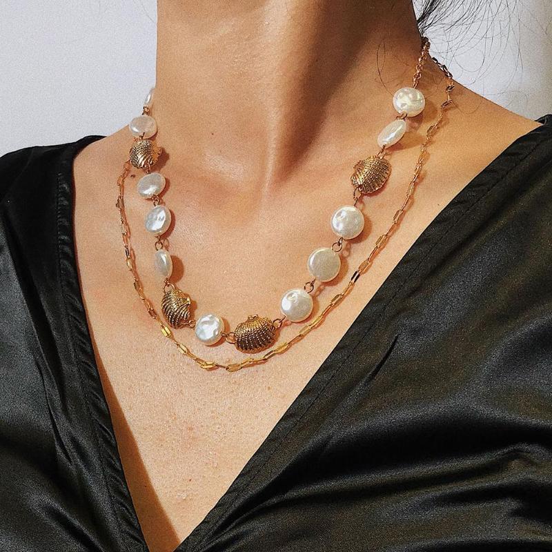 

Fashion Temperament ocean wind geometry scallop Summer Beach Women Marine Scallop Shell Faux Pearl Double Layer Necklace