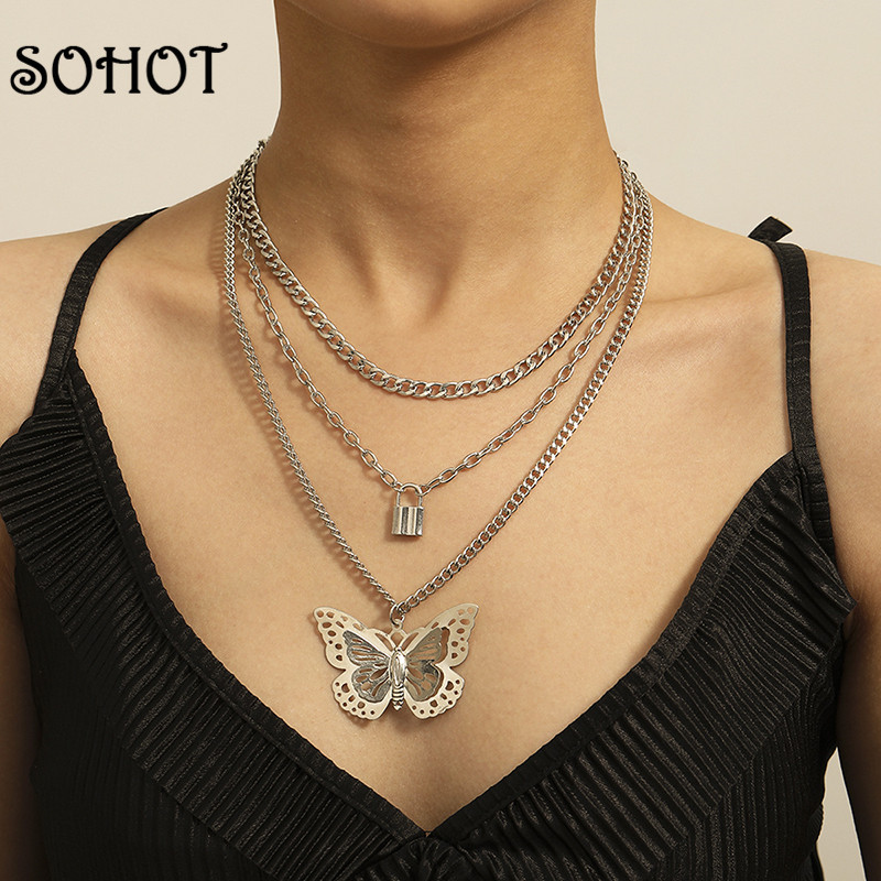 

SOHOT Big Punk Multilayer Chain Hollow Butterfly Lock Dangle Women Pendant Necklace Chic Silver Color For Female Jewelry Bijoux