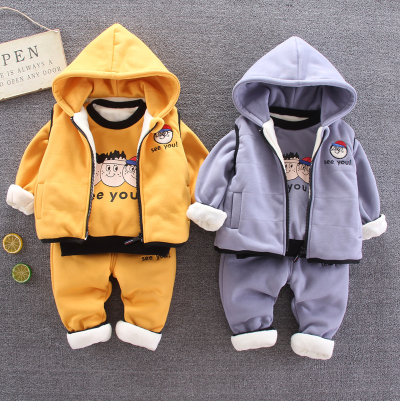 

Baby boy clothes pure cotton little boy head cartoon plus velvet warmth thick sweater female baby clothes three-piece hoodedvest, As picture