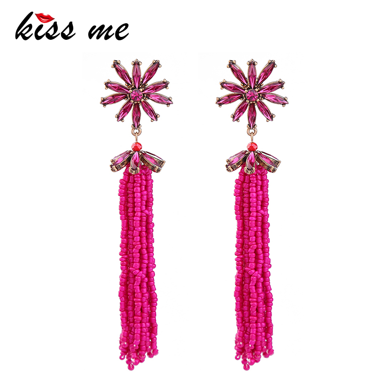 

KISS ME Women Long Earrings Trendy Fashion Rose Red Acrylic Beads Flower Drop Earrings Women Bijoux