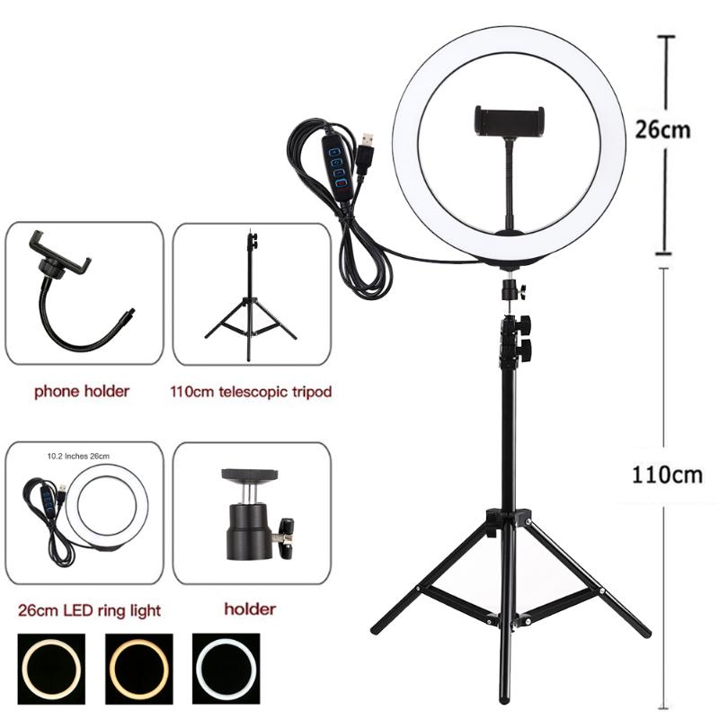 

10inch Photography LED Selfie Ring Light 26cm Dimmable Camera Phone Ring Lamp With Stand Tripods For Makeup Video Live Studio