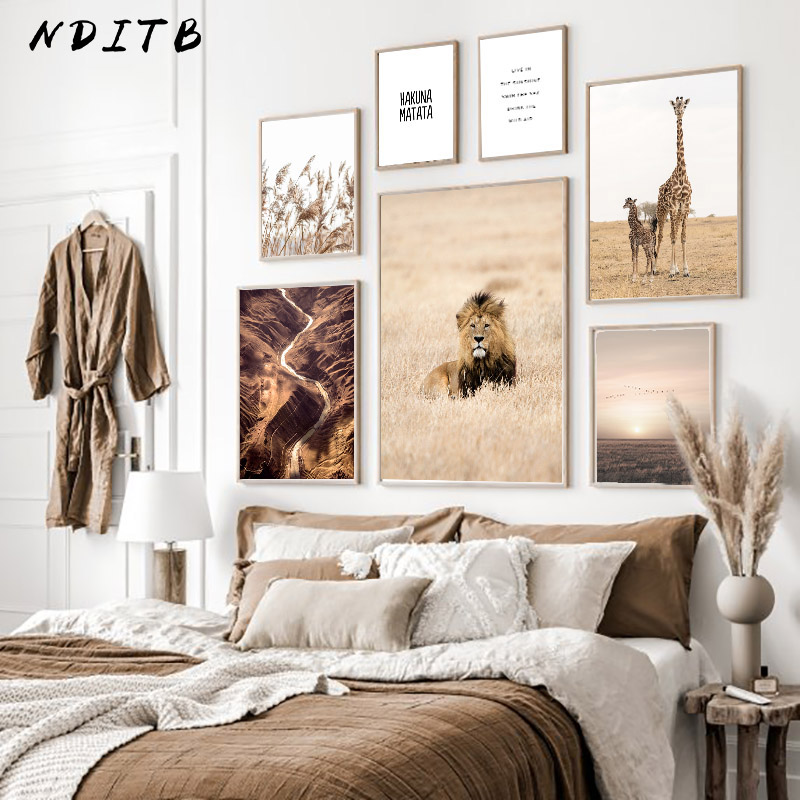 

Animals Lion Giraffe Poster Nordic Canvas Print Sunset Nature Landscape Wall Art Painting Scandinavian Home Decoration Picture