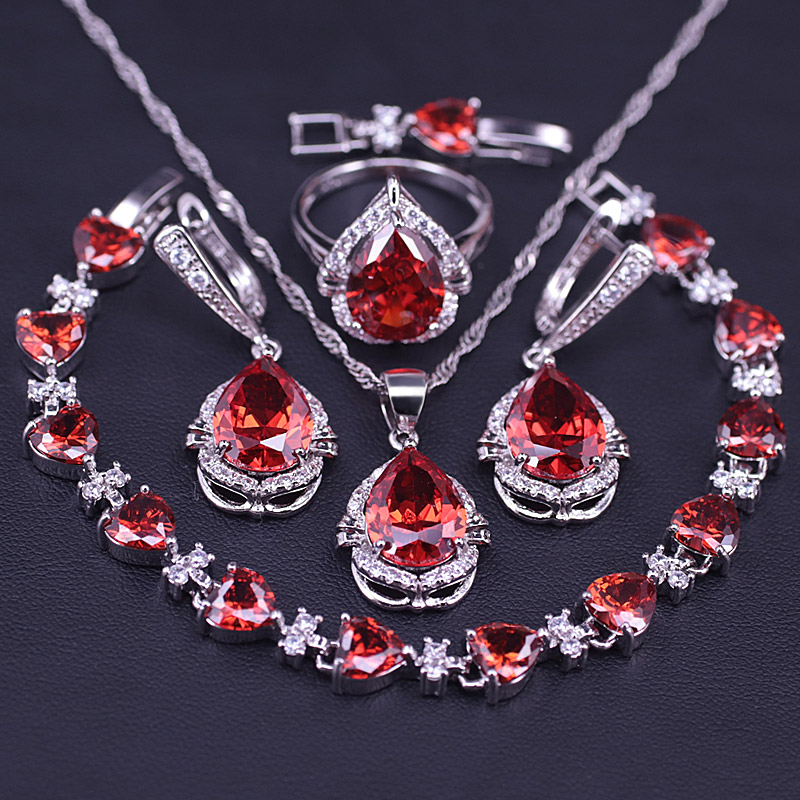 

Big Discount China Lucky Color Red Stone Silver Color Costume Jewelry Set Big Water Drop Square Bridal Jewelry Set, As pic