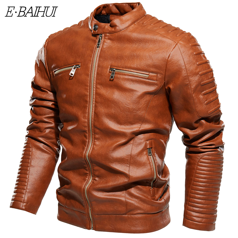 

Jackets Men Stand Collar Pleated Design Brown Motorcycle Jacket Men Biker Jacket and Coats Zipper Slim Fit Coat Autumn Winter, Q081103-2