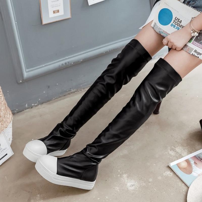 

US4-11 Womens Over The Knee Thigh Boots Stretchy Match Colors Round Toe Platform Wedge Heel Shoes Pull On Plus Size 34-44, Black