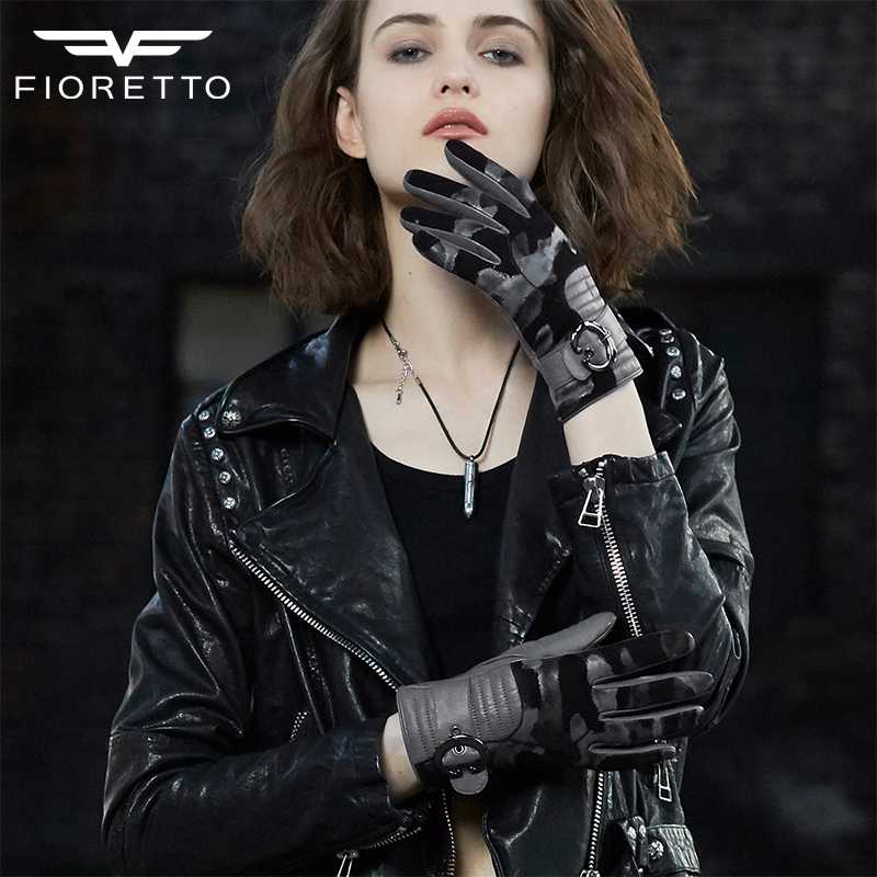 

FIORETTO Women Touchscreen Leather Gloves Camouflage Winter Warm Genuine Leather Mittens Thermal Lined Driving Gloves Buckle