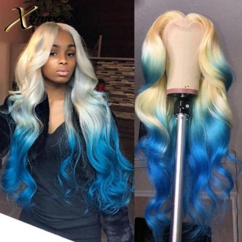 

XUMOO Pre-plucked Cheap Remy Hair Body Wave Wig Human Hair 360 Lace Frontal Wig Blonde With Blue 360 Lace Wigs For Black Women, As pic