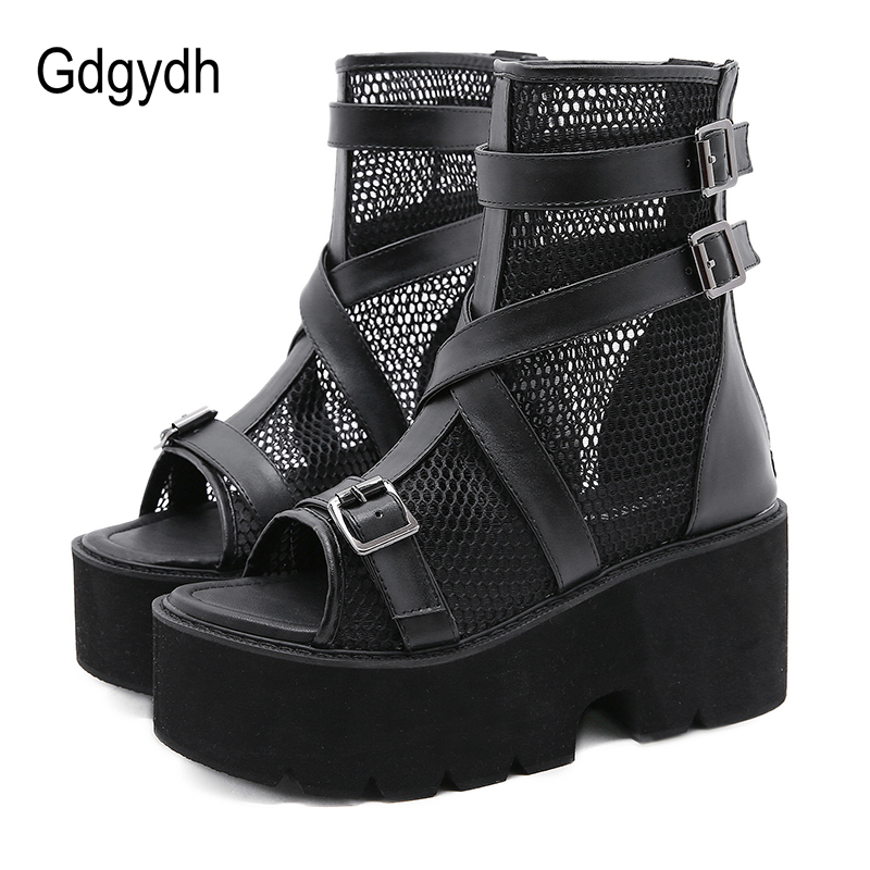 

Gdgydh Open Toe Platform Heel Women Boots Summer Shoes 2020 New Black Chunky Heel Boots Women Autumn Breathable High Quality, Black shoes