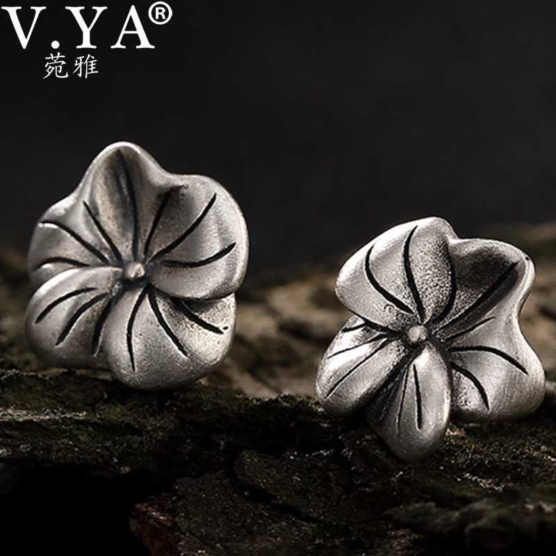 

V.YA 925 Sterling Silver Lotus Leaf Stud Earrings for Women Vintage Silver Jewelry Hypoallergenic Female Fashion Earring