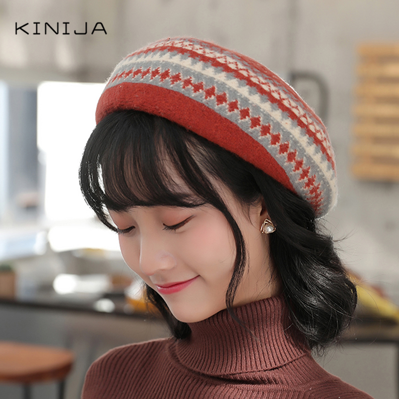 

Mexican Ethnic retro Warm Wool Beanie Hat Women French Newsboy Painters Artist beret Hat Winter Girl British style knit Bonnet, Black