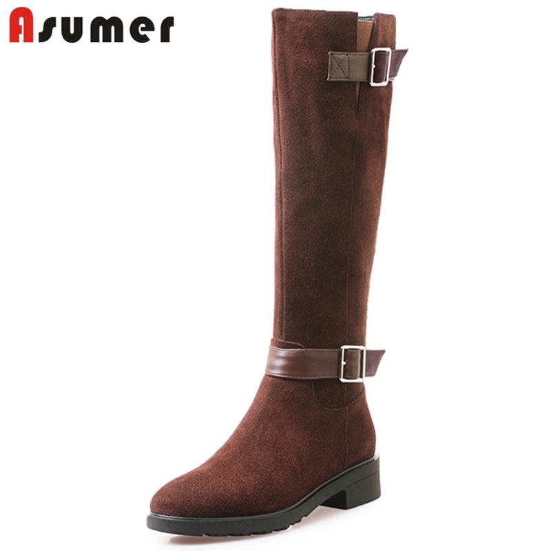 

ASUMER 2020 HOT fashion buckle cow suede leather boots zip square med heel knee high boots for women round toe autumn, Black