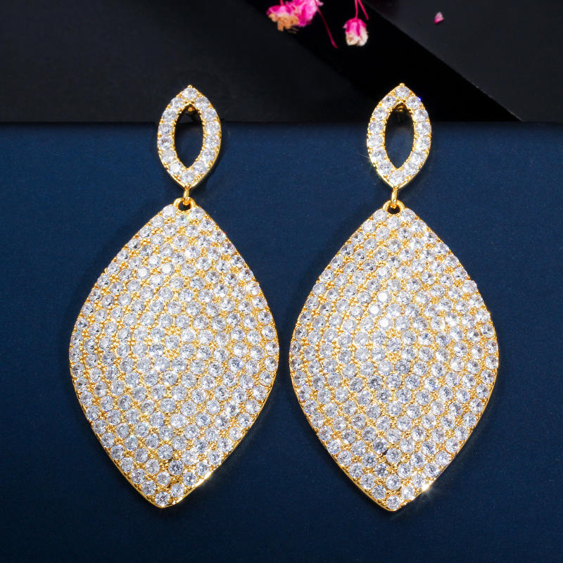 

CWWZircons Luxury Long Drop Large Rhombus Leaf Cubic Zircon Wedding Engagement Party Gold Earrings for Women CZ654
