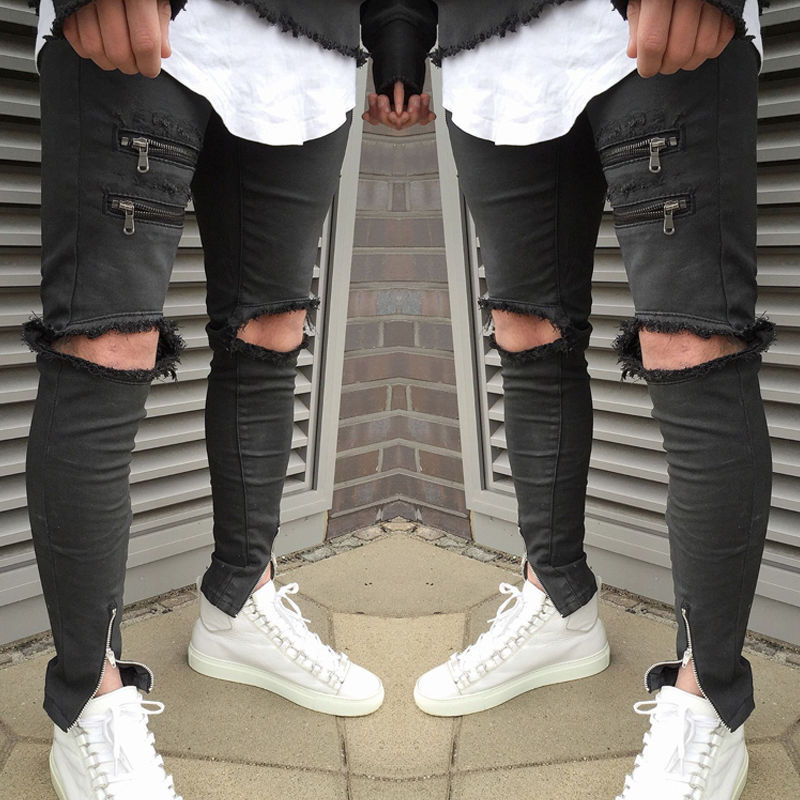 

Men Stylish Ripped Jeans Pants Biker Hole Skinny Slim Straight Denim Trousers, Black
