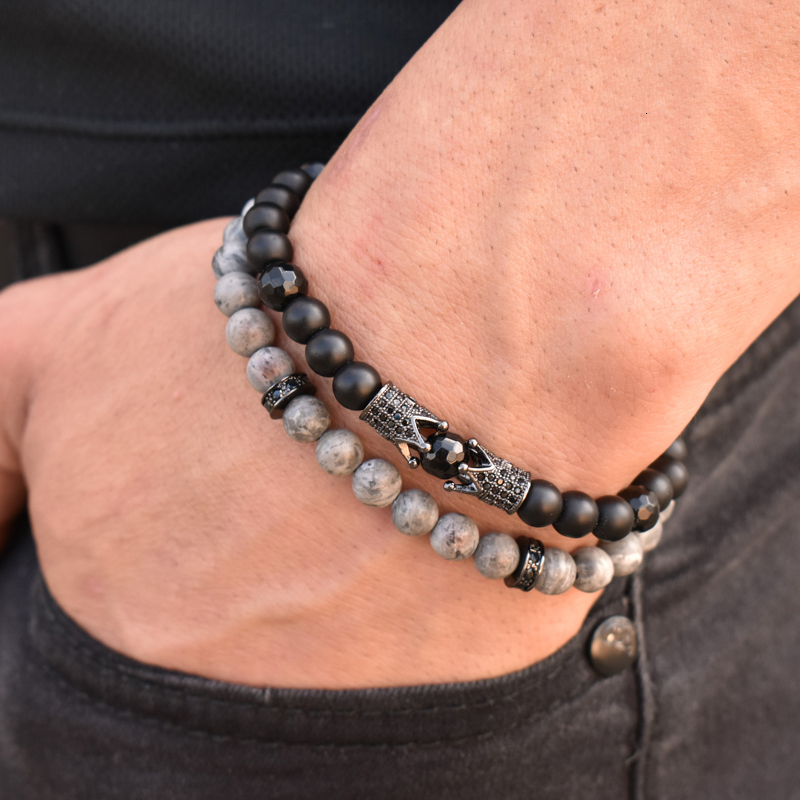 

2020 New Trendy Double Crown Black Gray Stone Bead Bracelet Men Handmade Fashion Jewelry Gift